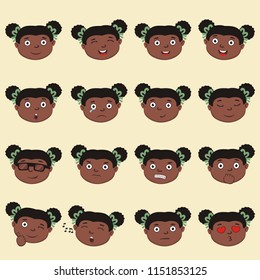 Big set of isolated emoticons of faces of african girl in cartoon style.