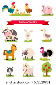 Big set isolated farm birds, animals. Vector collection funny animals. Cute domestic animals in cartoon style. Pig, rooster, hen, chicken, horse, cow, rabbit, goose, duck, sheep, turkey, cat, goat
