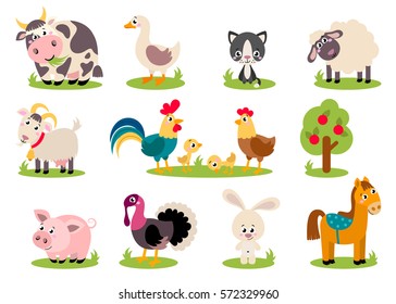 Big set isolated farm birds, animals. Vector collection funny animals. Cute domestic animals in cartoon style. Pig, rooster, hen, chicken, horse, cow, rabbit, goose, duck, sheep, turkey, cat, goat