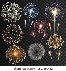 Big set of isolated fireworks vector illustration