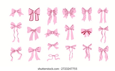 Gran conjunto de lazos de cinta rosa dibujados a mano aislados en estilo de tinta caprichoso. Ilustración vectorial plana. Elementos de diseño lindos de la muchacha para la tarjeta de felicitación, cartel, envoltura, invitación, scrapbooking, etiqueta engomada y Web