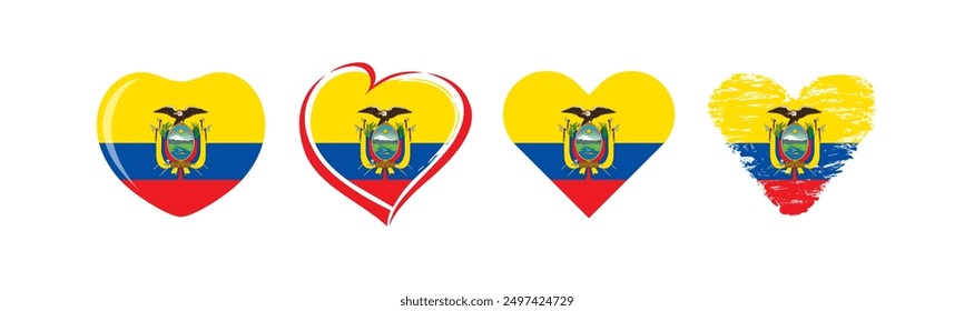 Big set of isolated hearts with Ecuadorian flag background. Creative emblem, business logo, sport icon, travel symbol, political sign. Welcome to Ecuador invitation, ticket or souvenir design element.