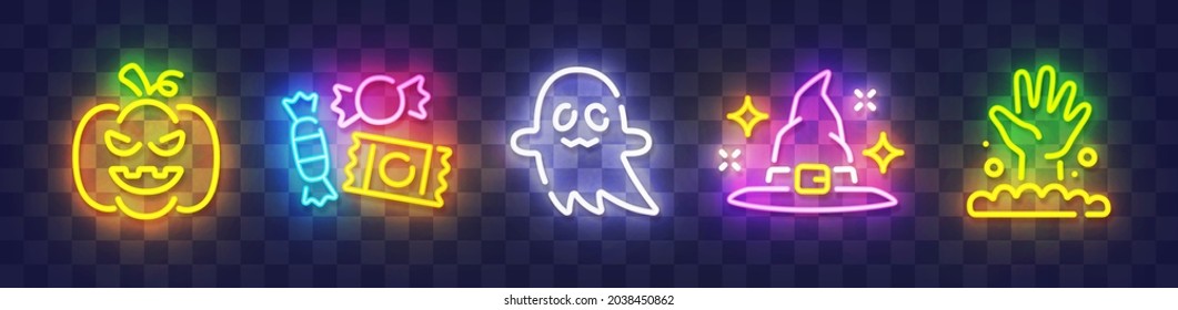 Gran conjunto aislado icono estilo neón Halloween. Fiesta de Halloween. Logo, emblema y etiqueta. Los iconos de línea son coloridos. Ilustración del vector