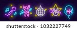 Big set isolated icon neon style. Theme night club, disco and karaoke.  Logo, emblem and label. Line icons colorful. Vector illustration.
