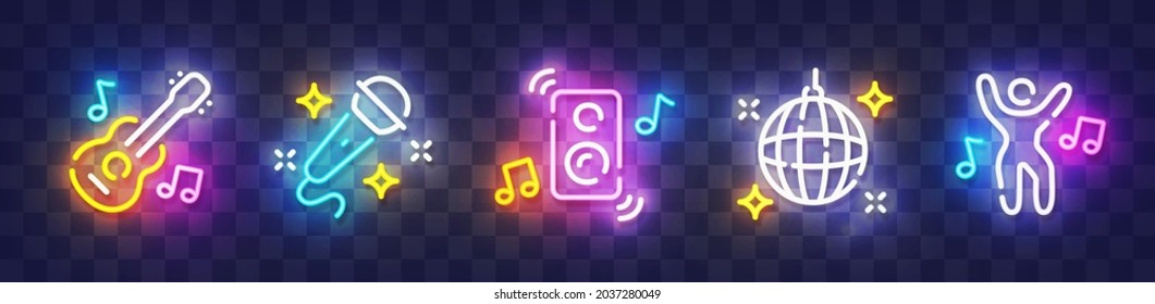 Big set isolated icon neon style. Theme night club, disco and karaoke. Logo, emblem and label. Line icons colorful. Vector illustration