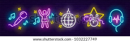 Big set isolated icon neon style. Theme night club, disco and karaoke.  Logo, emblem and label. Line icons colorful. Vector illustration.