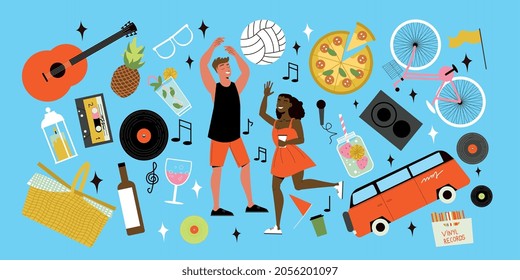 Gran conjunto de imágenes aisladas de un chico y una chica del festival de música al aire libre disfrutando de la música de una ilustración vectorial plana