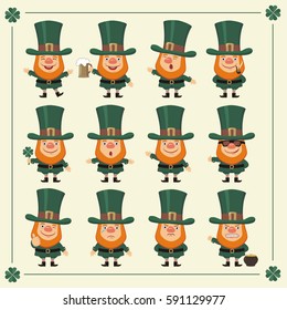 Big set isolated Leprechaun in cartoon style in different poses for Saint Patrick day.