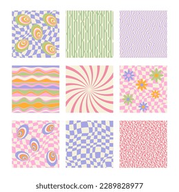Big set of isolated Poster. 1970s Retro pattern groovy trippy.  Wavy Swirl Pattern, optical illusion. Flowers and psychedelic patterns. Abstract background. Hippie Aesthetic. Vector Illustration