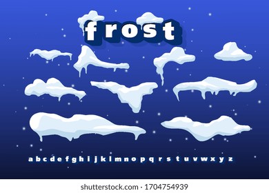 Gran conjunto de capas de nieve aisladas. Elementos de nieve sobre un fondo invernal. Plantilla vectorial vertical en estilo caricatura para su diseño. Estilo vectorial del alfabeto.