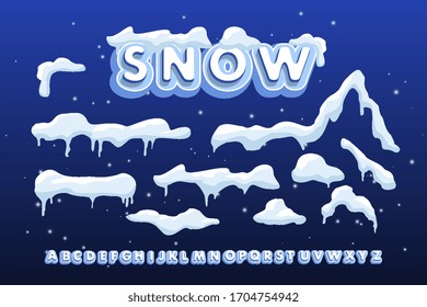 Big Set of isolated snow caps. Snow elements on a winter background. Vertical vector template in cartoon style for your design. Vector style of the alphabet.