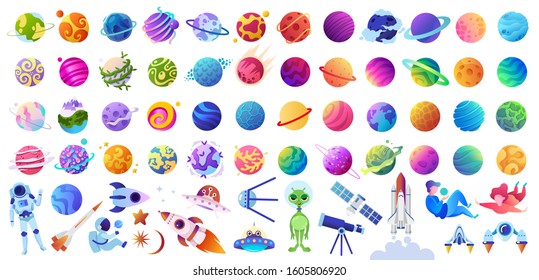 Big set of isolated space objects. Planets, UFOs, astronauts and rockets. Vector children's illustration.