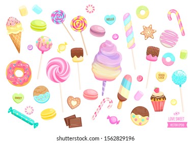 Big set isolated sweets on white background-ice cream,candy,macaroon,cupcake,lollipop,caramel,marmalade.Template for confectionery,sweet banner and poster,advertise for candyshop. Vector illustration