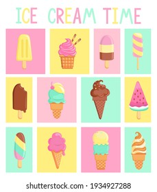 Big set of isolated vintage cards with ice creams.Sweet summer delicacy,sundaes,gelatos with different tasties,ice-cream cones,popsicle with different topping.Vector illustration for web,design,print.