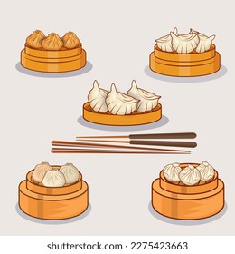 Big Set Of Isolated Watercolor Chopsticks, Dim Sum illustration Asian Food Design. Best Creative Dim Sum Illustrations Vector Art With Hi-Quality