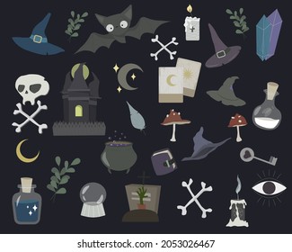 Big set of Isolated Witchcraft and Magical Elements. Vector illustration with scary and creepy clip art for Halloween party, stickers, decoration. Hat, skull, bat, bones, moon, bottles and much more.