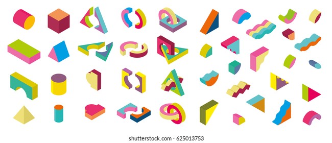 Big Set  Isometric Blocks. Color Design Elements In The Memphis Style, 3d