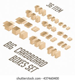 Big set of isometric cardboard boxes. Vector Flat Style Isolated on White Background. Different dimensions cardboard boxes 3d. Closed cardboard boxes icon set. Large box package illustration.