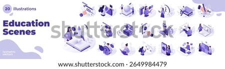 Big set of isometric education scenes vector illustration. E-learning platform, online courses, study, science, and web training concept.