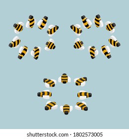 Big set with isometric honey bees in different angles. Vector isolated 3d icons. Anything else. For use in decoration of flyers, posters and banners. Web sites, social networks.