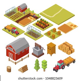 Big set Isometric vector farm elements with ecology cartoon gardening elements.