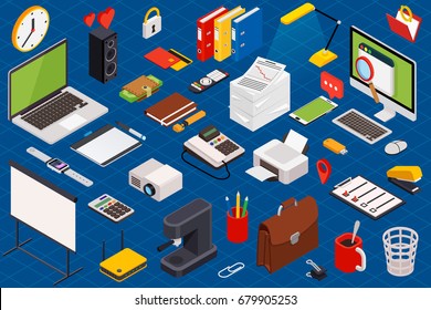 Big set of isometric volumetric of icons on a theme of computer technology and office equipment.