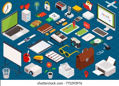 Big set of isometric volumetric of icons on a theme of computer technology and office equipment.