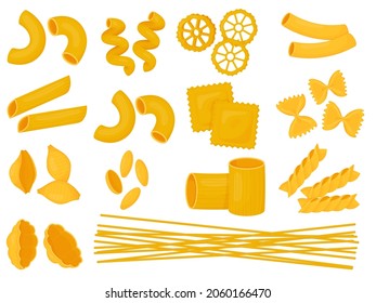 Big set of Italian pasta. Different types of Italian pasta. Spaghetti, Farfalle, penne, rigatoni, ravioli, fusilli,conchiglie, elbows, fettucine illustration.