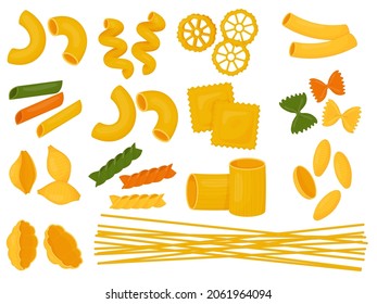 Big set of Italian pasta. Different types of Italian pasta. Spaghetti, Farfalle, penne, rigatoni, ravioli, fusilli,conchiglie, elbows, fettucine illustration.