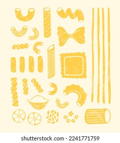 Big set of Italian pasta. Different types of Italian pasta. Spaghetti, Farfalle, penne, rigatoni, ravioli, fusilli,conchiglie, elbows, rotelle, orzo, paccheri illustration.