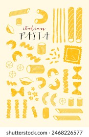 Große Auswahl an italienischen Pasta. Verschiedene Sorten italienischer Pasta. Spaghetti, Farfalle, Penne, Rigatoni, Ravioli, Fusilli, Conchiglie, Ellbogen, Rotelle, Orzo, Paccheri Illustration.