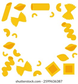 Big set of Italian pasta. Different types of Italian pasta. Spaghetti, Farfalle, penne, rigatoni, ravioli, fusilli,conchiglie, elbows, rotelle. Various noodles types. 