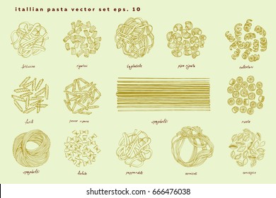 Big set of Italian pasta. Fettucine, conchiglie, fusilli, cellentani, vermicelli, tagliatelle pipe rigate ruote macaroni penne farfalle spaghetti