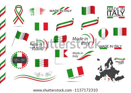 Big set of Italian ribbons, symbols, icons and flags isolated on a white background, Made in Italy, Welcome to Italy, premium quality, Italian tricolor, set for your infographics, and templates