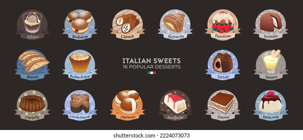 Große Auswahl an italienischen Süßigkeiten. Handgezeichnete farbenfrohe Illustration traditioneller Desserts.