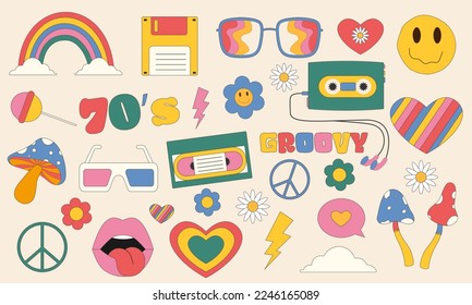 Big set of items 70s. Retro icons in trendy 70s style. Vector icons: lips,video cassette,heart,daisy,flower, 3d glasses,lollipos,rainbow,smile face,mashrooms.Vector illustration