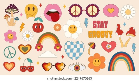 Big set of items 70s. Retro icons in trendy 70s style. Vector icons: lips,video cassette,heart,daisy,flower, 3d glasses,lollipos,rainbow,smile face,mashrooms.Vector illustration