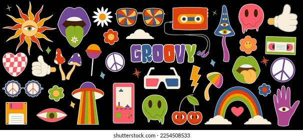 Big set of items 70s. Retro stickers in trendy 70s style. Vector icons: lips,video cassette,heart,daisy,flower, 3d glasses,lollipos,rainbow,smile face,mashrooms.Vector illustration