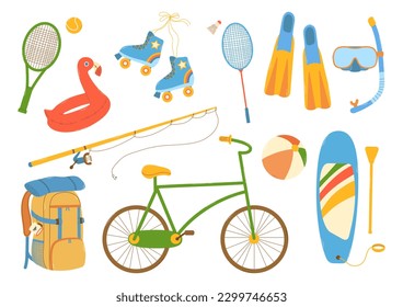 Grandes instalaciones de playa y actividades al aire libre de verano. Bicicleta, patines de ruedas, tabla de sup, mochila de senderismo, máscara de buceo y aletas, bádminton, tenis, caña de pescar. Ilustración vectorial de mano plana