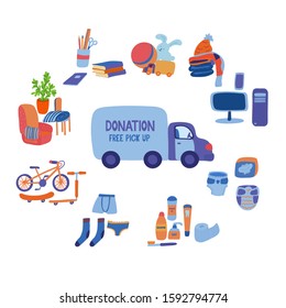 A big set of items you can donate for charity and a delivery truck. Electronics, furniture, blanket, school supplies, hygiene products, pads, diapers, underwear and socks, toys, bicycle, toilet paper 