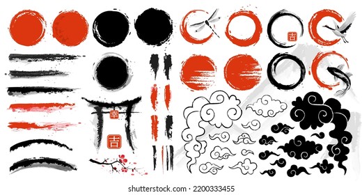 Big set of Japanese brushes and other design elements implemented in ink style. Hand-drawn with ink in traditional Japanese style sumi-e. Vector illustration 