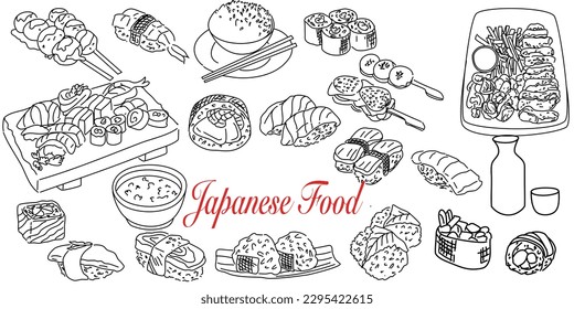 Big set of japanese food and beverage doodle hand drawing style sushi, yakisoba, takoyaki, onigiri, green tea, sake, dorayaki, mochi, rice ball, miso soup, tofu, oden, dango, taiyaki, tempura