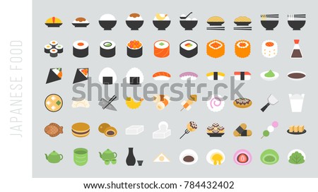 Big set of japanese food and beverage flat icon sushi, yakisoba, takoyaki, onigiri, green tea, sake, dorayaki, mochi, rice ball, miso soup, tofu, oden, dango, taiyaki, tempura, ramen, rice bowl, gyoza