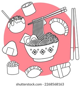 big set of japanese food coloring book, takoyaki, ramen, sushi, roll, onigiri