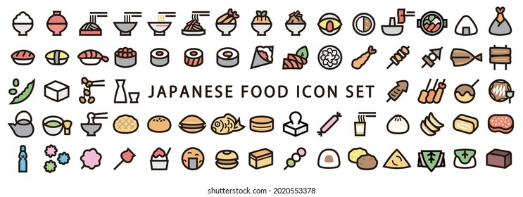 Big Set of Japanese Food Icon Set (Bold outline Color version)