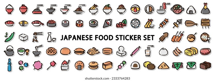 Gran conjunto de stickers de ilustraciones de comida japonesa. Rápido y fácil de usar.