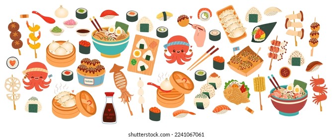 Gran variedad de comida japonesa. Vector para pegatinas, postales, cuaderno. café japonés, bar, restaurante