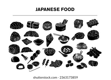 Gran variedad de comida japonesa. Conjunto de ilustraciones vectoriales.