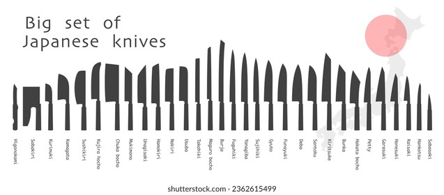 Big set of Japanese knives. Knife silhouette on white. Vector illustration