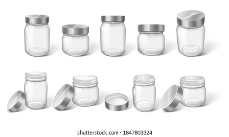 Big set of jars with caps open or closed, different sizes. Template packages for food products or cosmetics transparent, glass or plastic, empty. Realistic vector illustration